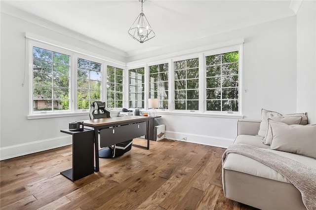 3 Fairview Ct, Metairie, LA 70005 - office area with baseboards, a chandelier, and wood finished floors