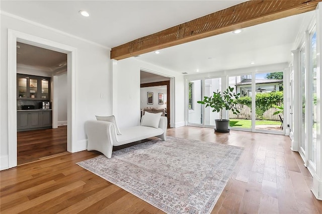 3 Fairview Ct, Metairie, LA 70005 - living area featuring wood finished floors, recessed lighting, beamed ceiling, and baseboards