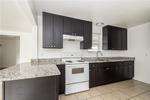 208 Magnolia Ave, La Place, LA 70068 - kitchen featuring white range with electric stovetop, under cabinet range hood, a sink, a peninsula, and light tile patterned flooring