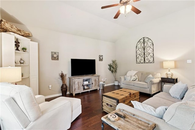 724 Fairfield Loop, Slidell, LA 70458 - living room with a ceiling fan, baseboards, dark wood-type flooring, and lofted ceiling