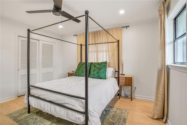 601 Andrews Ave, Metairie, LA 70005 - bedroom featuring light wood-style floors, baseboards, recessed lighting, and a ceiling fan