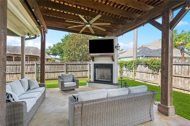 1037 Scarlet Oak Ln, Mandeville, LA 70448 - view of patio / terrace featuring an outdoor living space with a fireplace and ceiling fan