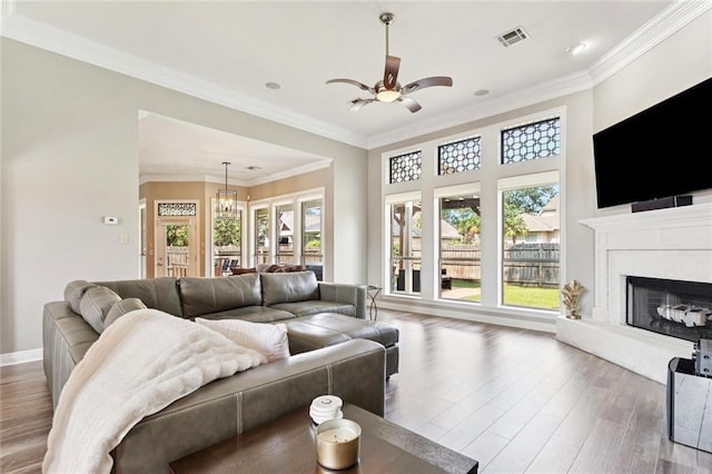 1037 Scarlet Oak Ln, Mandeville, LA 70448 - living room with a ceiling fan, wood finished floors, a fireplace with raised hearth, a chandelier, and crown molding
