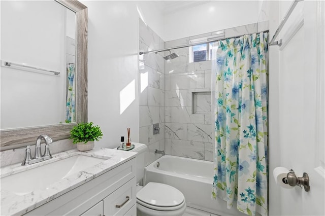2828 Mistletoe St, New Orleans, LA 70118 - full bath featuring toilet, shower / bath combo with shower curtain, vanity, and ornamental molding
