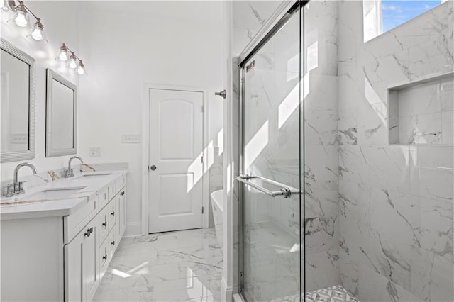 3414 Monroe St, New Orleans, LA 70118 - full bath featuring marble finish flooring, a marble finish shower, double vanity, and a freestanding bath