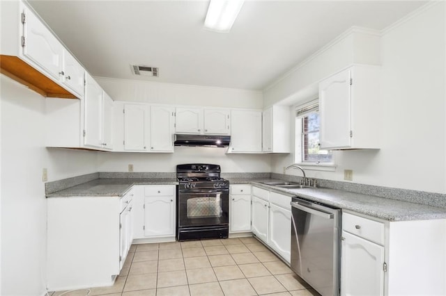 106 Walnut St, Mandeville, LA 70471 - kitchen featuring stainless steel dishwasher, gas stove, a sink, under cabinet range hood, and white cabinets