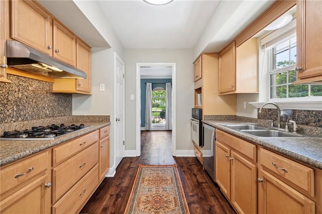 15 Forstall Ave, Kenner, LA 70065 - kitchen with under cabinet range hood, a sink, stainless steel appliances, dark wood finished floors, and backsplash