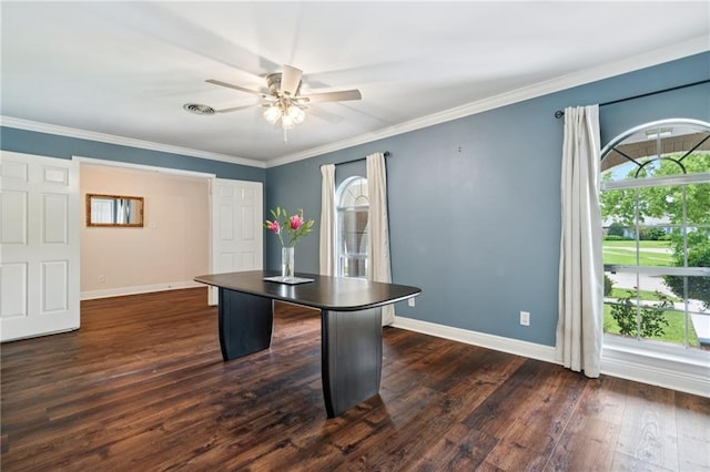 15 Forstall Ave, Kenner, LA 70065 - unfurnished office featuring dark wood finished floors, a ceiling fan, baseboards, and crown molding