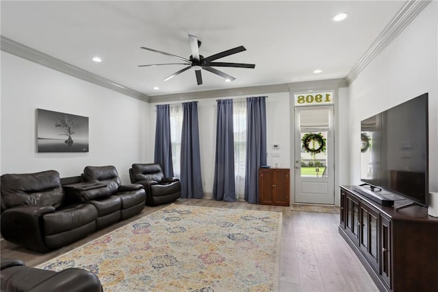 1908 Alexander Ave, Arabi, LA 70032 - living area with crown molding, ceiling fan, healthy amount of natural light, hardwood / wood-style floors, and recessed lighting