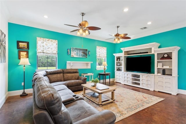 404 Warrior Trce, Covington, LA 70435 - living area featuring baseboards, crown molding, ceiling fan, recessed lighting, and concrete flooring