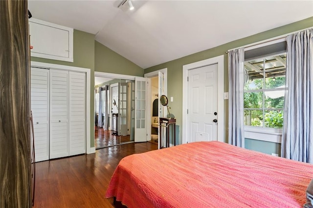 717 Nunez St, New Orleans, LA 70114 - bedroom featuring dark wood finished floors, multiple closets, and vaulted ceiling