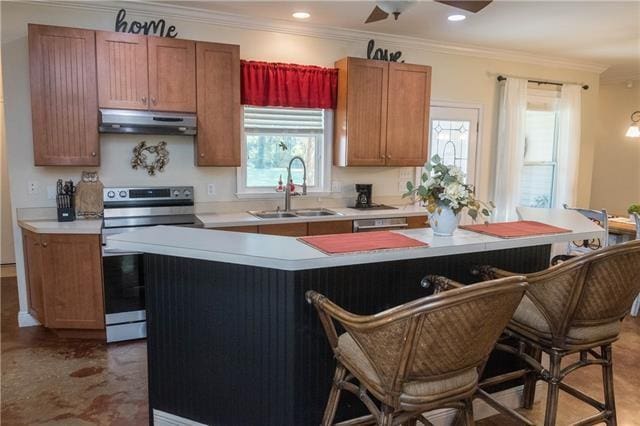 28209 Honey Beagle Ln, Ponchatoula, LA 70454 - kitchen with a sink, stainless steel range with electric cooktop, under cabinet range hood, ornamental molding, and light countertops