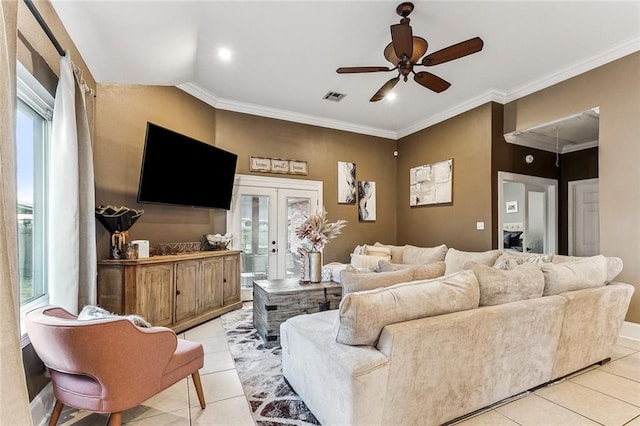 3525 Van Cleave Dr, Meraux, LA 70075 - living area with light tile patterned flooring, ceiling fan, french doors, crown molding, and recessed lighting