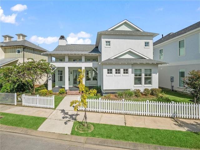 344 Ormond Dr, Covington, LA 70433 - view of front of property featuring stucco siding, covered porch, a fenced front yard, and a chimney