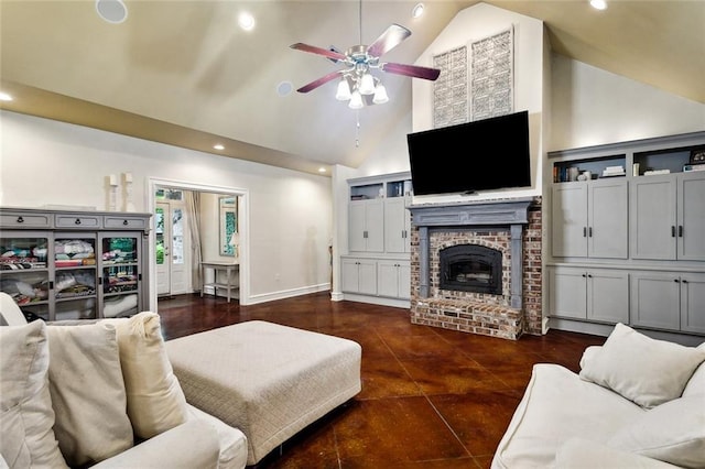234 Blue Crane 1 Dr, Slidell, LA 70461 - living room featuring a ceiling fan, recessed lighting, a fireplace, high vaulted ceiling, and baseboards