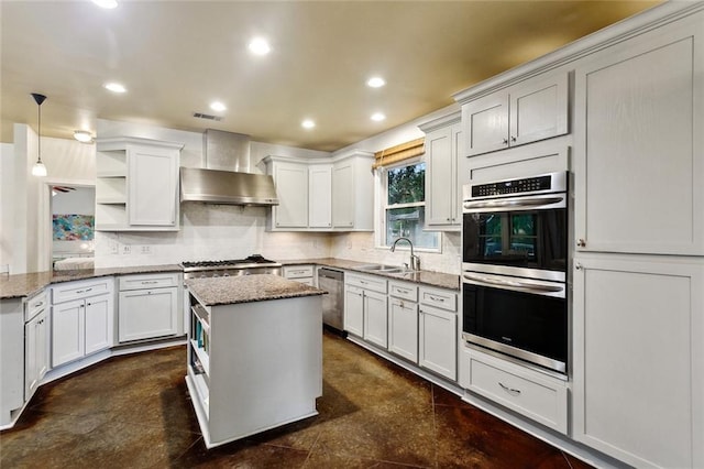234 Blue Crane 1 Dr, Slidell, LA 70461 - kitchen featuring wall chimney exhaust hood, open shelves, appliances with stainless steel finishes, a sink, and stone counters