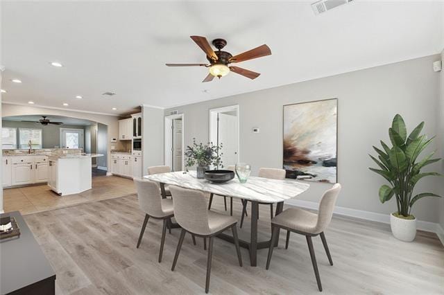 15 E Chalmette Cir, Chalmette, LA 70043 - dining area featuring a ceiling fan, light wood finished floors, recessed lighting, and baseboards