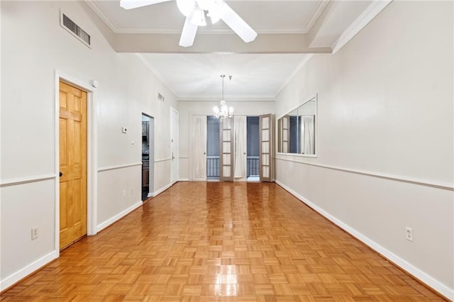 1020 Esplanade Ave Unit 204, New Orleans, LA 70116 - empty room featuring a chandelier, baseboards, a ceiling fan, and ornamental molding