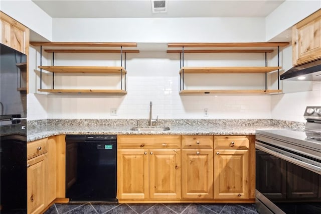 1020 Esplanade Ave Unit 204, New Orleans, LA 70116 - kitchen with open shelves, black appliances, a sink, and tasteful backsplash