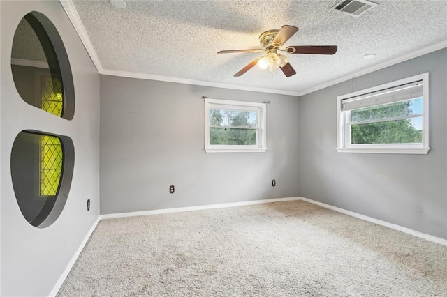23396 S Maple Dr, Ponchatoula, LA 70454 - carpeted spare room featuring plenty of natural light, ornamental molding, a textured ceiling, ceiling fan, and baseboards