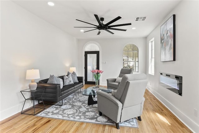 2526 Metairie Rd, Metairie, LA 70001 - living room with a ceiling fan, baseboards, wood finished floors, and recessed lighting