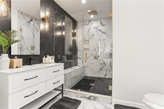 2526 Metairie Rd, Metairie, LA 70001 - bathroom featuring marble finish floors, vanity, a marble finish shower, toilet, and recessed lighting