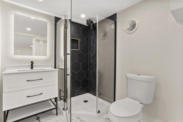 2526 Metairie Rd, Metairie, LA 70001 - bathroom with marble finish floors, toilet, a shower stall, vanity, and recessed lighting