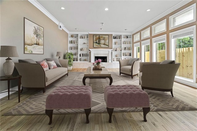 1 Miller Ln, Metairie, LA 70002 - living room with crown molding, a fireplace, recessed lighting, wood finished floors, and built in shelves
