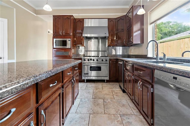 1 Miller Ln, Metairie, LA 70002 - kitchen with appliances with stainless steel finishes, wall chimney exhaust hood, crown molding, hanging light fixtures, and stone tile flooring