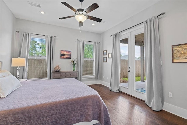 421 Tiger Ave, Covington, LA 70433 - bedroom featuring french doors, access to exterior, wood finished floors, baseboards, and a ceiling fan