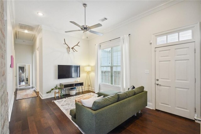 8236 S Claiborne Ave, New Orleans, LA 70118 - living room with attic access, wood finished floors, baseboards, ceiling fan, and ornamental molding