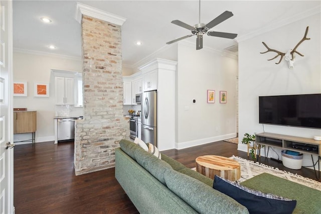 8236 S Claiborne Ave, New Orleans, LA 70118 - living room with ornate columns, ceiling fan, dark wood finished floors, baseboards, and recessed lighting