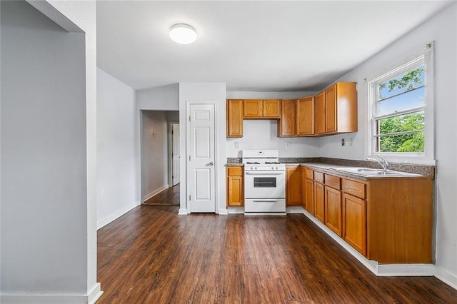 220002 Delille St, Chalmette, LA 70043 - kitchen with white gas stove, a sink, dark wood-style floors, and brown cabinetry