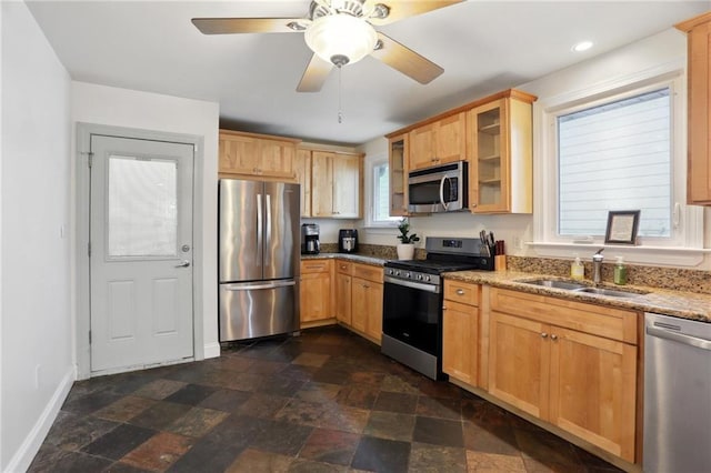 6550 General Diaz St, New Orleans, LA 70124 - kitchen featuring appliances with stainless steel finishes, a sink, baseboards, glass insert cabinets, and light stone counters
