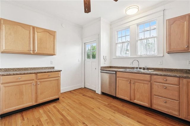 5524 S Galvez St, New Orleans, LA 70125 - kitchen featuring dishwasher, a sink, light brown cabinets, crown molding, and light wood-style floors