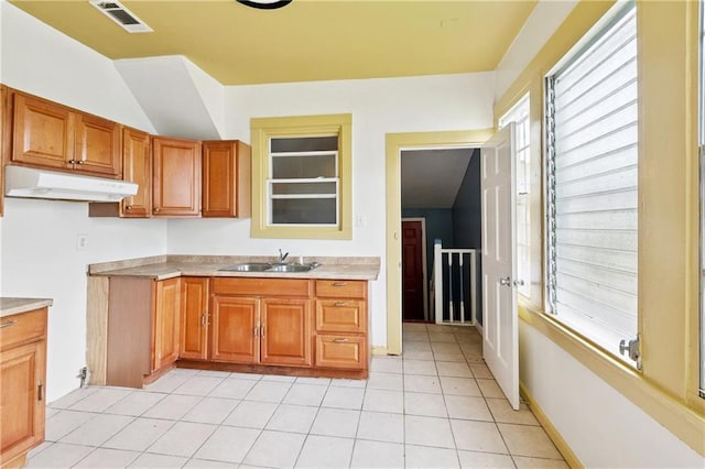 3717 S Johnson St, New Orleans, LA 70125 - kitchen featuring under cabinet range hood, a sink, brown cabinetry, light countertops, and healthy amount of natural light