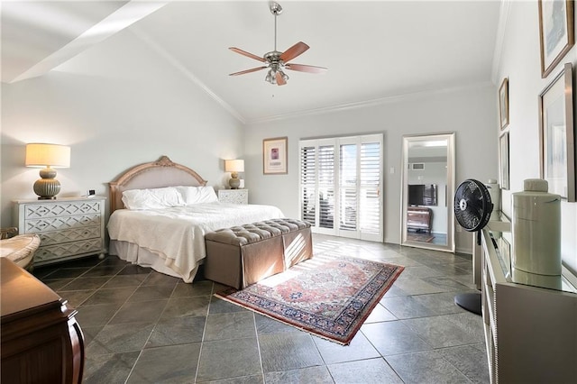 7300 Lakeshore Dr Unit 4, New Orleans, LA 70124 - bedroom with lofted ceiling, access to outside, ornamental molding, and ceiling fan