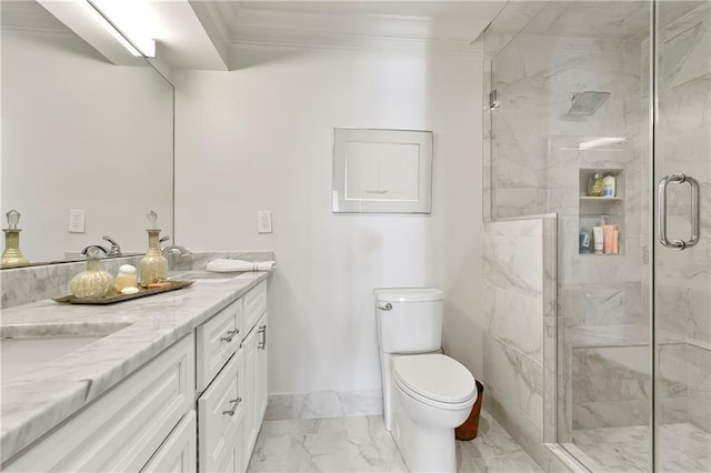 7300 Lakeshore Dr Unit 4, New Orleans, LA 70124 - full bathroom with marble look tile flooring, double vanity, a marble finish shower, toilet, and ornamental molding