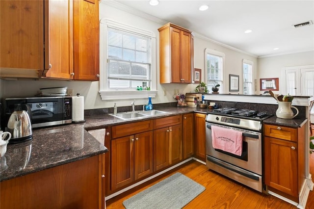 360 Vinet Ave, Jefferson, LA 70121 - kitchen featuring stainless steel appliances, a peninsula, healthy amount of natural light, ornamental molding, and light wood-type flooring