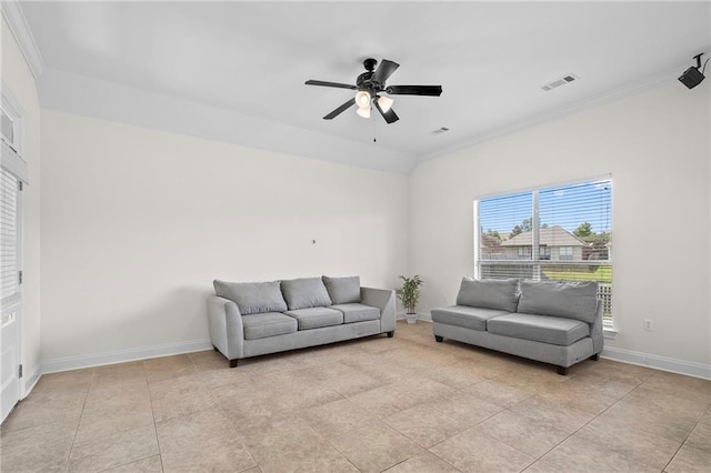 3346 Southlake Ave, Baton Rouge, LA 70818 - living area with ornamental molding, a ceiling fan, baseboards, and light tile patterned flooring