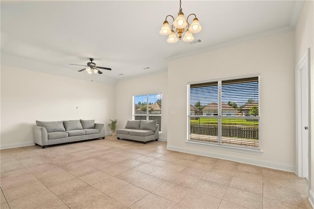 3346 Southlake Ave, Baton Rouge, LA 70818 - living area with light tile patterned floors, ornamental molding, a chandelier, baseboards, and a ceiling fan