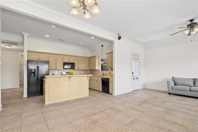 3346 Southlake Ave, Baton Rouge, LA 70818 - kitchen featuring black appliances, open floor plan, light tile patterned flooring, cream cabinets, and a sink