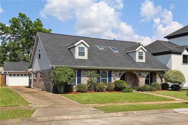 41 Yellowstone Dr, New Orleans, LA 70131 - cape cod-style house featuring concrete driveway, brick siding, a front yard, and roof with shingles