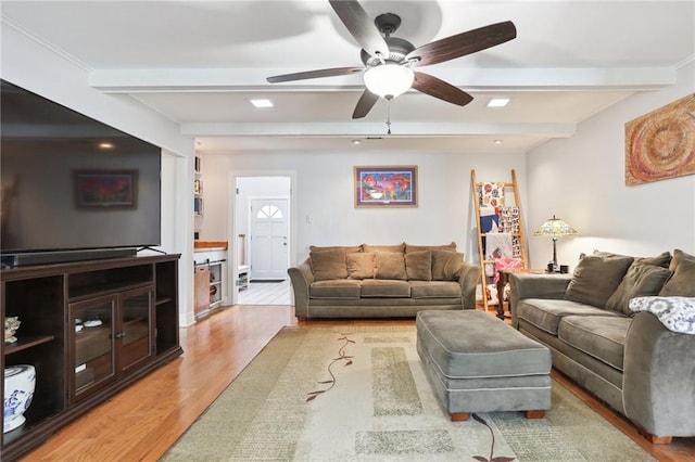 41 Yellowstone Dr, New Orleans, LA 70131 - living room featuring beam ceiling, a ceiling fan, light wood-style floors, and recessed lighting