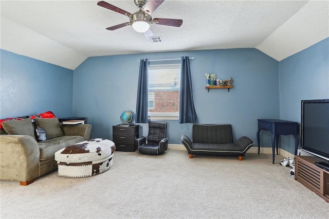 41 Yellowstone Dr, New Orleans, LA 70131 - carpeted living room with lofted ceiling, a ceiling fan, baseboards, and a textured ceiling