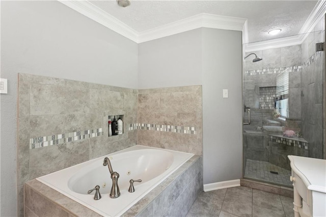 2018 Old River Rd, Slidell, LA 70461 - full bathroom with ornamental molding, a tub with jets, a stall shower, tile patterned flooring, and a textured ceiling