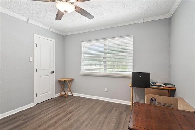 2018 Old River Rd, Slidell, LA 70461 - home office featuring wood finished floors, ornamental molding, a ceiling fan, a textured ceiling, and baseboards