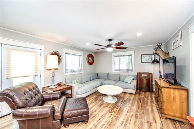 123 Willow Ct, Raceland, LA 70394 - living area featuring crown molding, light wood-style floors, ceiling fan, and recessed lighting