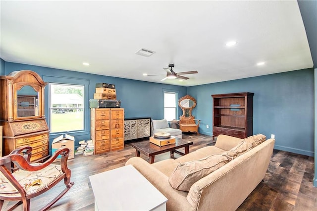 123 Willow Ct, Raceland, LA 70394 - living area with healthy amount of natural light, ceiling fan, wood finished floors, recessed lighting, and baseboards