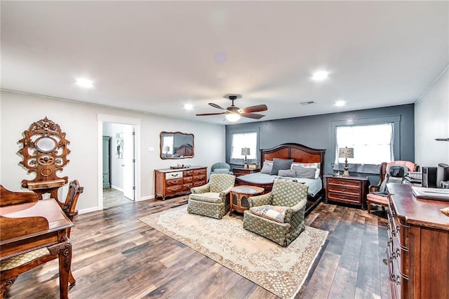 123 Willow Ct, Raceland, LA 70394 - bedroom with dark wood-style flooring, recessed lighting, ceiling fan, and baseboards